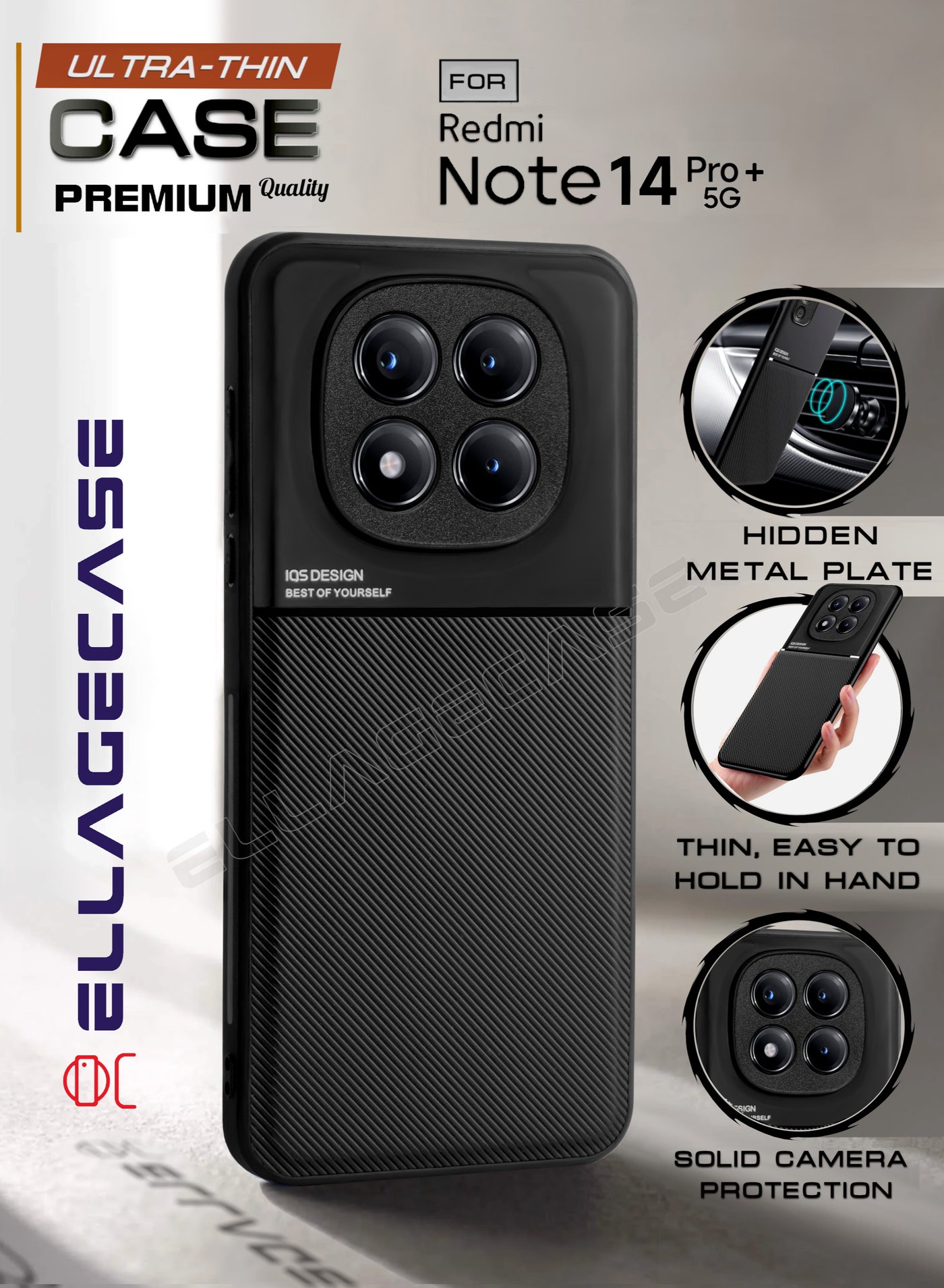 ELLAGECASE Premium Ultra-Thin Case for Xiaomi Redmi Note 14 Pro Plus 5G, Hidden Metal Plate, Slim Design, Easy to Hold, and Enhanced Camera Protection