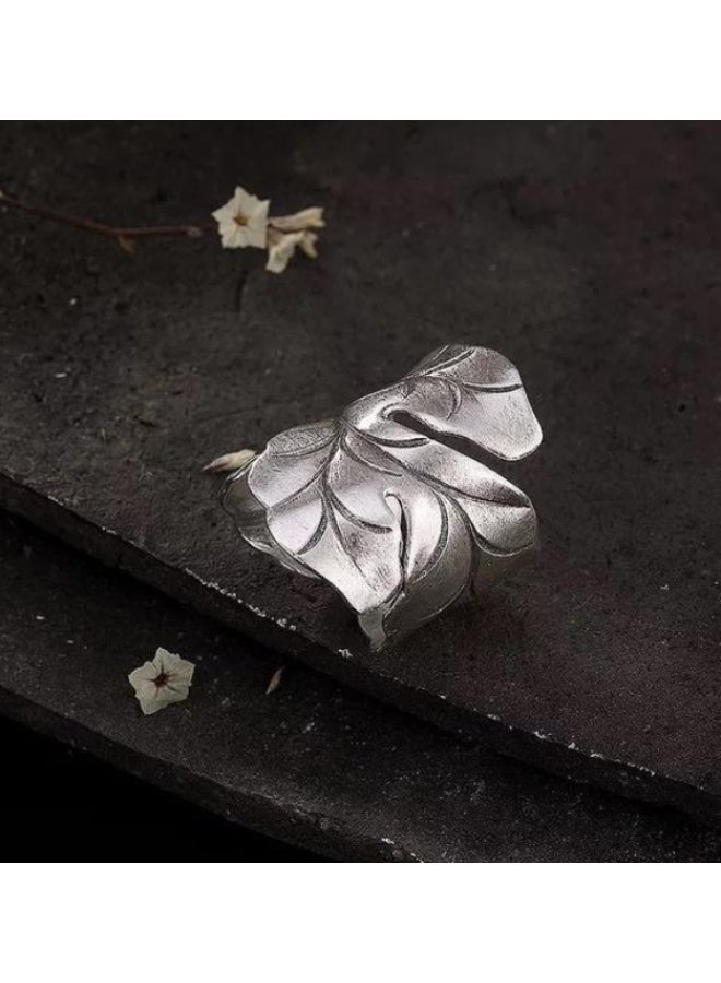LATEEN Big Handmade 925  Plating Silver Leaf Ring Wide Cuff Ring Jewelry for Men Women 28mm Open and Adjustable - Image 2