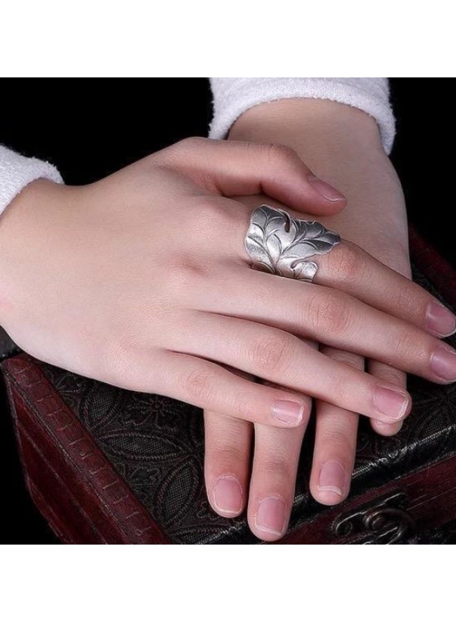 LATEEN Big Handmade 925  Plating Silver Leaf Ring Wide Cuff Ring Jewelry for Men Women 28mm Open and Adjustable - Image 3