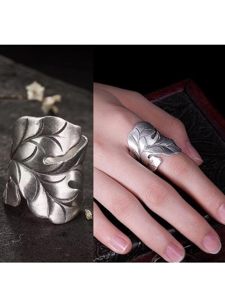 LATEEN Big Handmade 925  Plating Silver Leaf Ring Wide Cuff Ring Jewelry for Men Women 28mm Open and Adjustable - Image 1