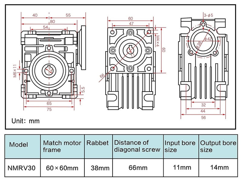 CNCTOPBAOS NMRV030 Worm Gear Reducer Speed Ratio 40:1 RV30 NMRV-030 Worm Gearbox Speed Reducer Square NMRV30 Output 14mm Shaft for Nema23 Stepper Motor - Image 5