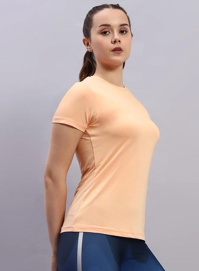 Rock.it Women Peach Solid Round Neck Short Sleeve Top