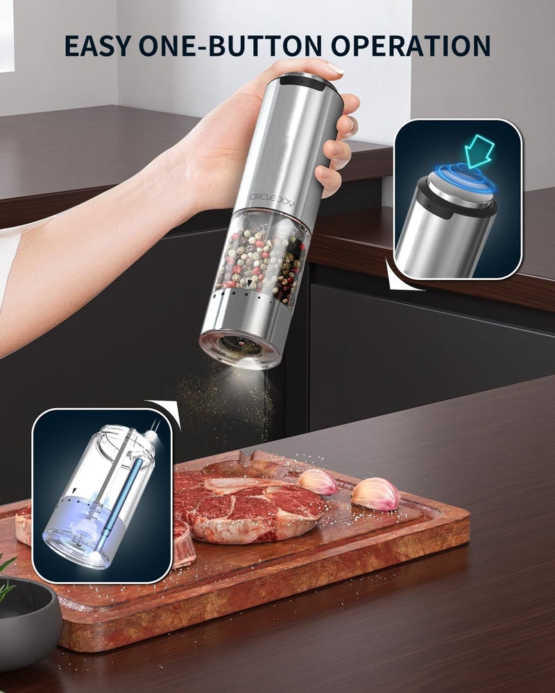 CircleJoy Electric Pepper Grinder Stainless Steel Rechargeable Pepper Mill with External Adjustable Coarseness, 95ml Container and White LED Light, Silver - Image 4