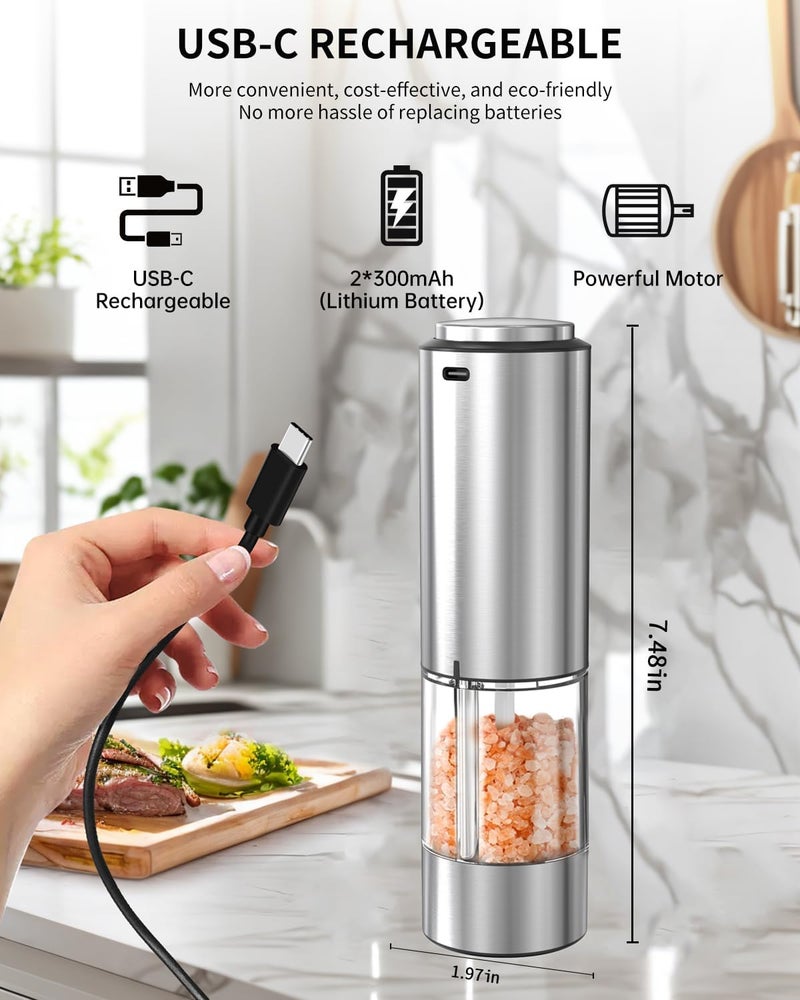 CircleJoy Electric Pepper Grinder Stainless Steel Rechargeable Pepper Mill with External Adjustable Coarseness, 95ml Container and White LED Light, Silver - Image 3