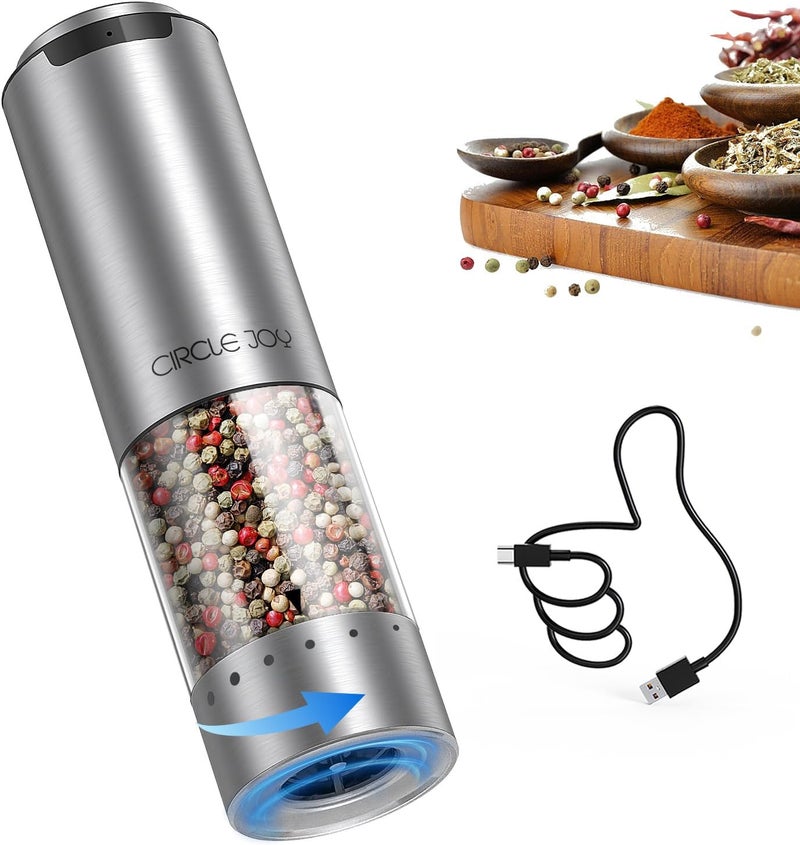 CircleJoy Electric Pepper Grinder Stainless Steel Rechargeable Pepper Mill with External Adjustable Coarseness, 95ml Container and White LED Light, Silver - Image 1