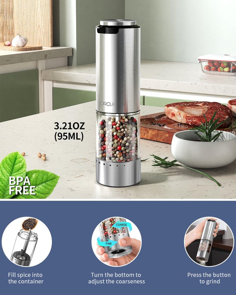 CircleJoy Electric Pepper Grinder Stainless Steel Rechargeable Pepper Mill with External Adjustable Coarseness, 95ml Container and White LED Light, Silver - Image 5