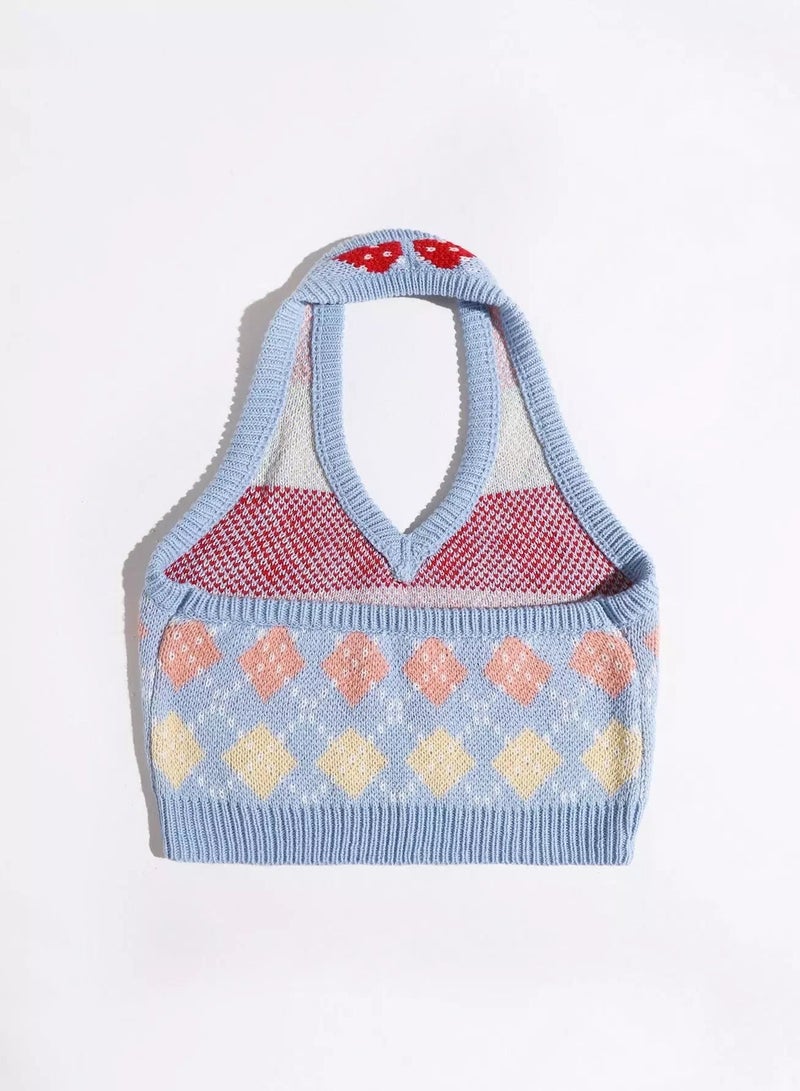 Halter Neck Argyle Pattern Knit Top  - Image 2