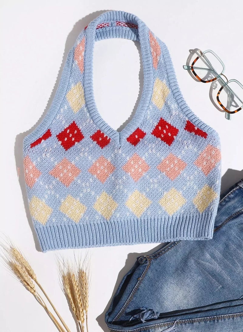 Halter Neck Argyle Pattern Knit Top  - Image 1