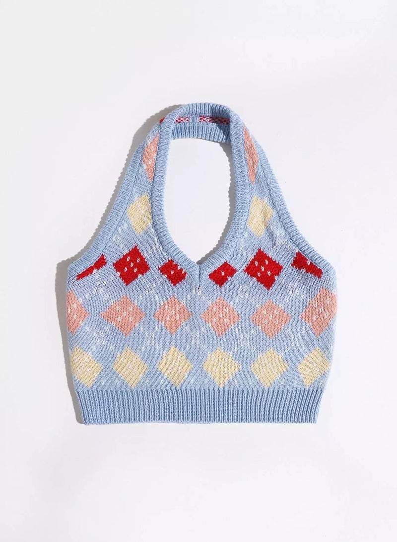 Halter Neck Argyle Pattern Knit Top  - Image 3
