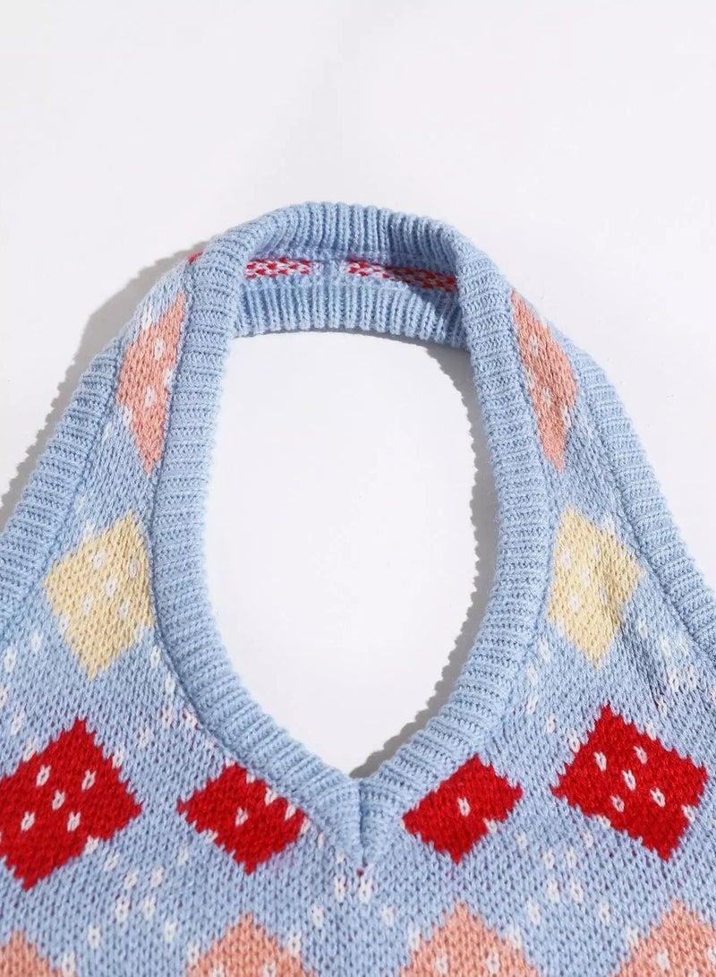 Halter Neck Argyle Pattern Knit Top  - Image 5