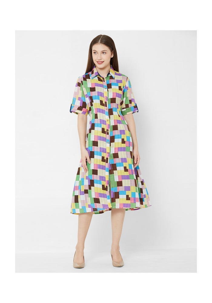 ARCHATTIRE Multicolour Checked Shirt Midi Dress for Women - Image 4