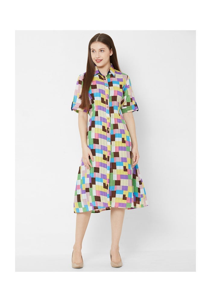 ARCHATTIRE Multicolour Checked Shirt Midi Dress for Women - Image 1