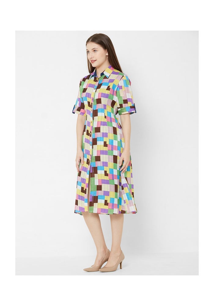 ARCHATTIRE Multicolour Checked Shirt Midi Dress for Women - Image 3