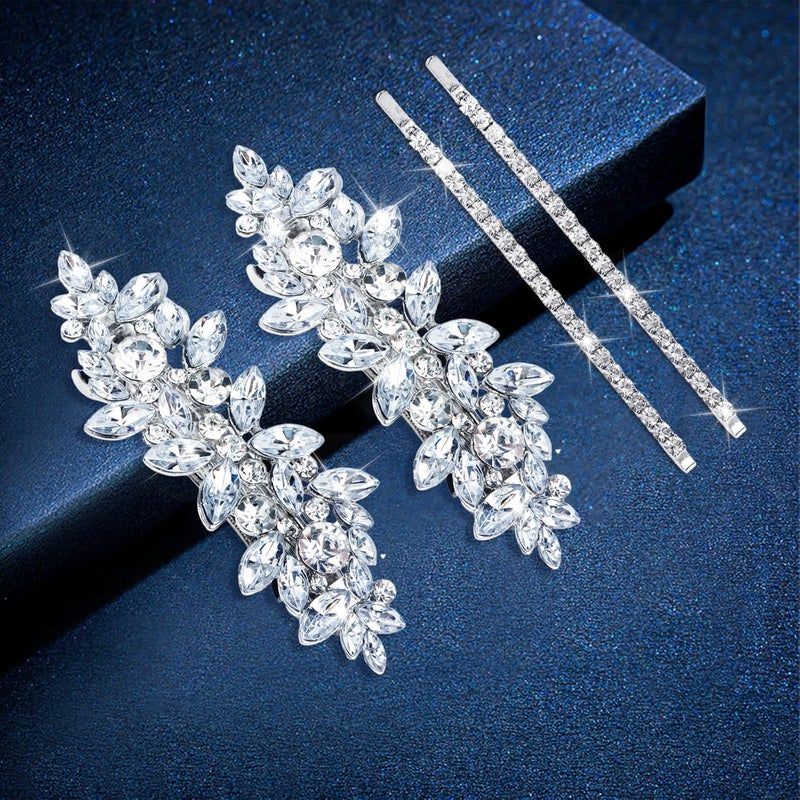 WHAVEL 4PCS Silver Hair Clips Rhinestone Hair Clips Bride Rhinestone Barrettes Fancy Hair Clips Wedding Prom Formal Hair Accessories for Women