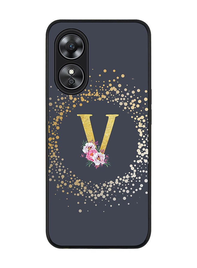 Rugged Black edge case for Oppo A97 Slim fit Soft Case Flexible Rubber Edges TPU Gel Thin Cover - Custom Monogram Initial Letter Floral Pattern Alphabet - V (Grey)