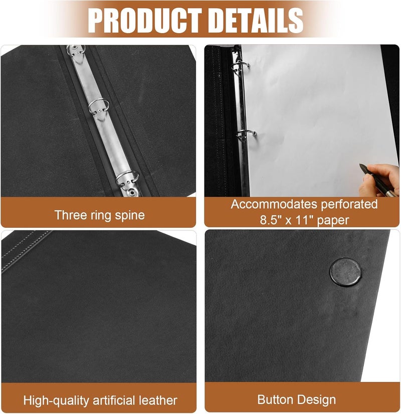 Teling 1 Pcs Leather 3 Ring Binder Holds 8.5 x 11 Inch Paper Binder Organizer Vintage Faux Leather Portfolio Folder Planner for Office Home Document Photo Diary Supplies (Black) - Image 3