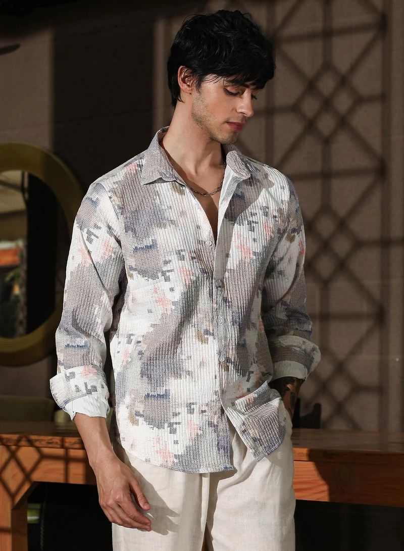Campus Sutra Men's Moon Grey & Chalk White Artistic-Blur Shirt