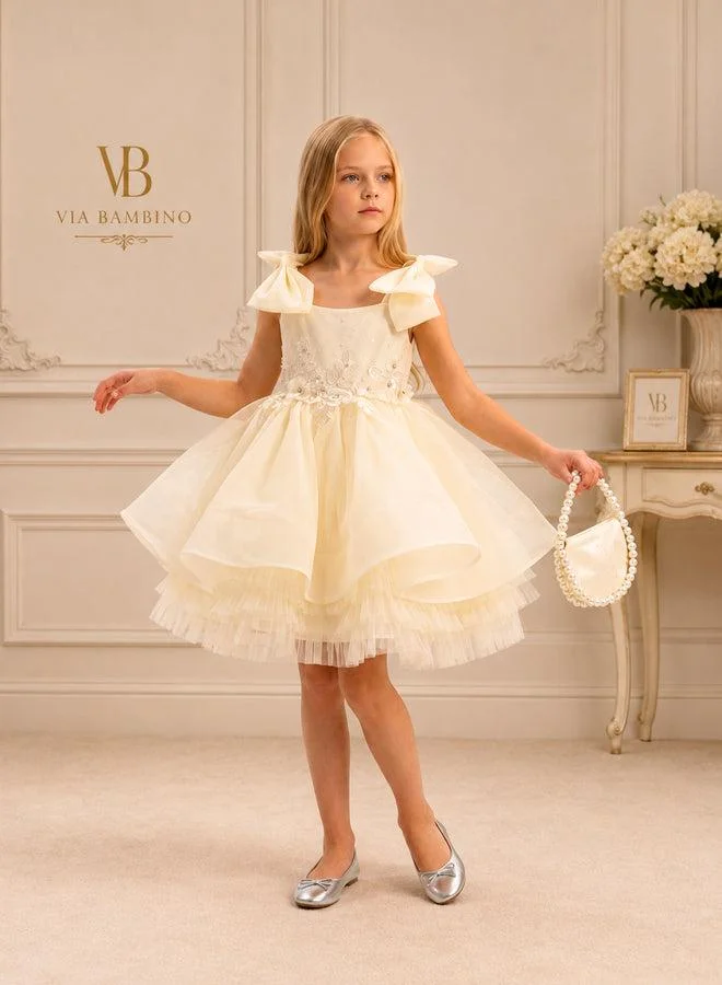 فيا بامبينو Champagne Bow-Shoulder Floral Lace Dress 3542