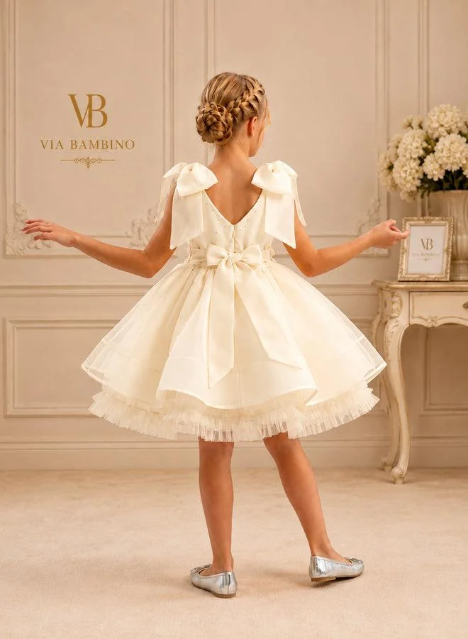 فيا بامبينو Champagne Bow-Shoulder Floral Lace Dress 3542