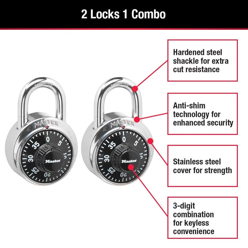 Master Lock Black Gym Locker Lock Combination Padlock, Indoor Combo Lock with Preset 3-Digit Code for Cabinets, Storage, 2 Pack, 1500T - Image 2