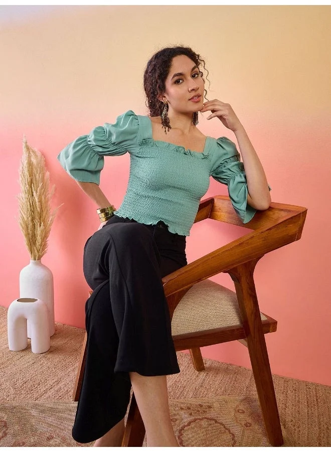 AKS Puff Sleeve Smocked Bardot Crop Top