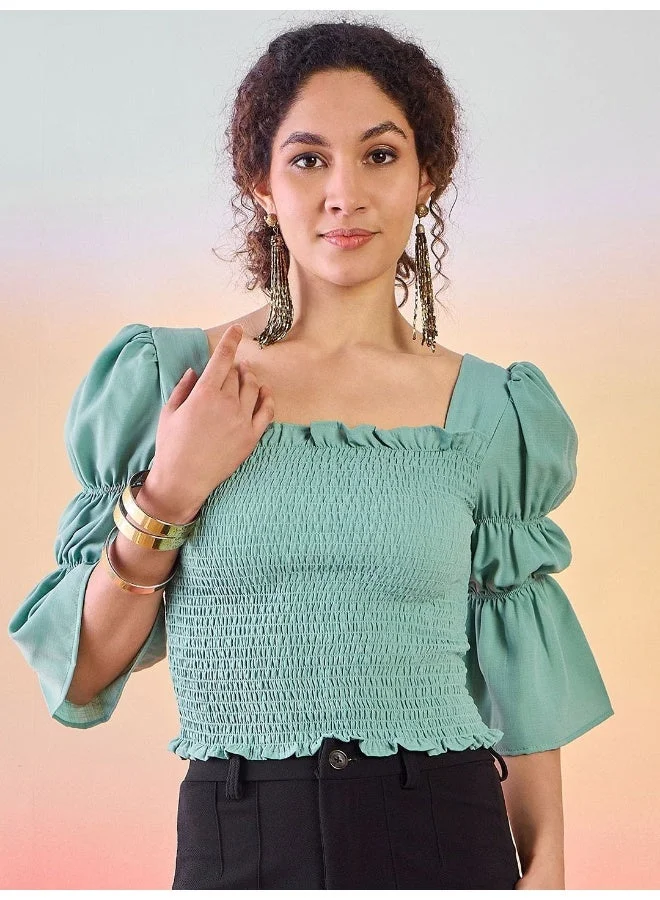 AKS Puff Sleeve Smocked Bardot Crop Top