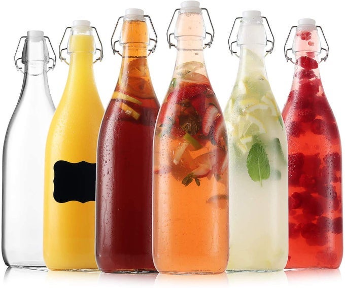 FLIP TOP GLASS BOTTLE 1 LITER PACK OF 6 SWING TOP BREWING BOTTLE WITH STOPPER FOR BEVERAGES OIL VINEGAR KOMBUCHA BEER WATER SODA KEFIR AIRTIGHT LID LEAK PROOF CAP CLEAR