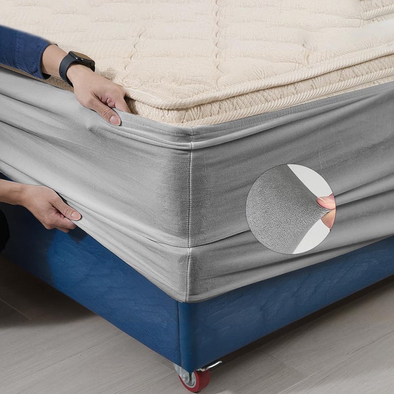 DUJUIKE Velvet Bed Frame Cover, Bed Base Wrap Cover, Alternative to Traditional Valance Bed Sheet Skirt Cover, Fully Elastic Around The Base of Your Bed, Easy to Install (Queen:59-63", Light Grey) - Image 3