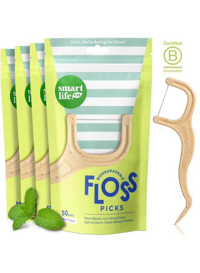SMARTLIFECO Biodegradable Dental Floss Picks - Plant Based Handle, Thin Thread Tooth Flossers for Adults & Kids, Eco Friendly Toothpick Soft on Gum & Teeth, Compostable Zero Waste Vegan, 200 Mint - Image 1