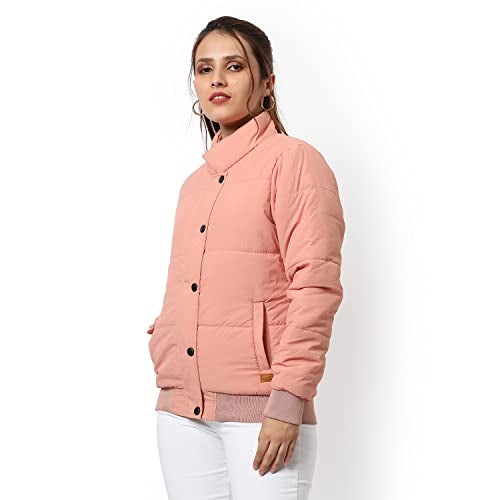 Campus Sutra Women Peach Pink Puffer Regular Fit Bomber Jacket For Winter Wear | Standing Collar | Full Sleeve | Buttoned | Casual Jacket For Woman & Girl | Western Stylish Jacket For Women - Image 2