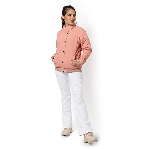 Campus Sutra Women Peach Pink Puffer Regular Fit Bomber Jacket For Winter Wear | Standing Collar | Full Sleeve | Buttoned | Casual Jacket For Woman & Girl | Western Stylish Jacket For Women - Image 5