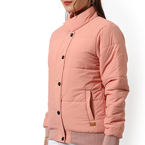 Campus Sutra Women Peach Pink Puffer Regular Fit Bomber Jacket For Winter Wear | Standing Collar | Full Sleeve | Buttoned | Casual Jacket For Woman & Girl | Western Stylish Jacket For Women - Image 4