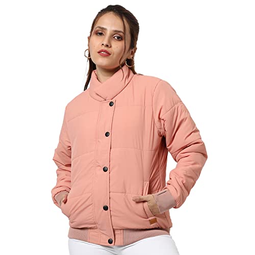 Campus Sutra Women Peach Pink Puffer Regular Fit Bomber Jacket For Winter Wear | Standing Collar | Full Sleeve | Buttoned | Casual Jacket For Woman & Girl | Western Stylish Jacket For Women - Image 1
