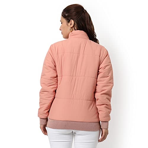 Campus Sutra Women Peach Pink Puffer Regular Fit Bomber Jacket For Winter Wear | Standing Collar | Full Sleeve | Buttoned | Casual Jacket For Woman & Girl | Western Stylish Jacket For Women - Image 3
