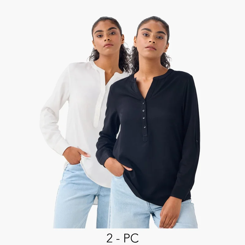 Splash FAV Set of 2 - Mandarin Collar Top with Long Sleeves and High-Low Hemline