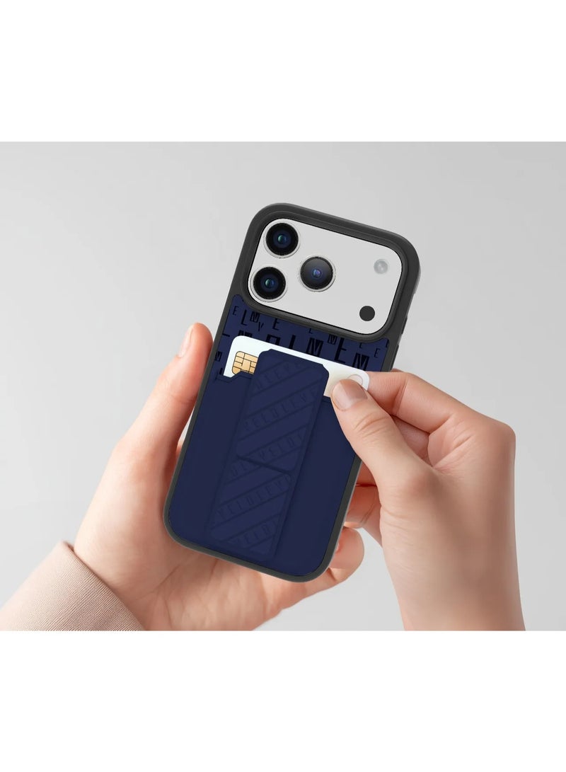 ليفيلو حافظة iPhone 17 Pro Morphix Gripstand مع حاملة بطاقات وحزام مغناطيسي للتثبيت / تثبيت آمن / قبضة بيد واحدة / حافة مقاومة للصدمات / غطاء خلفي بتصميم فاخر مع شعار مطبوع - أزرق منتصف الليل - Image 4