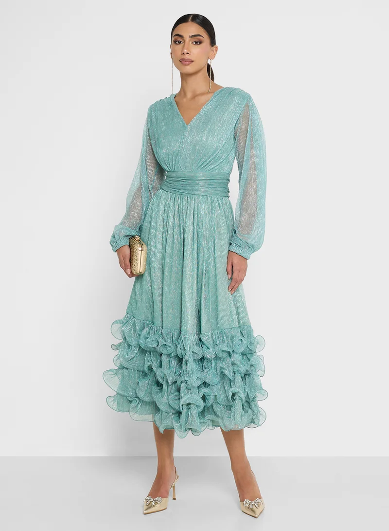 Golden Apple Vneck Metallic Maxi Dress