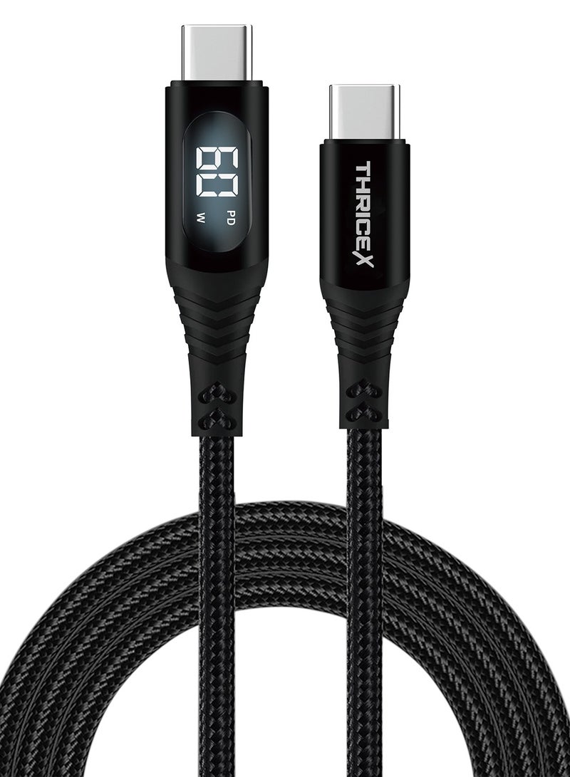 ثريككس كابل شحن سريع THRICEX® 60 وات USB C إلى USB C، سلك بيانات من النوع C مضفر من النايلون بطول 1.2 متر مع شاشة LED، PD 3.0 متوافق مع سلسلة iPhone 16/15، Samsung Galaxy S24 - Image 1