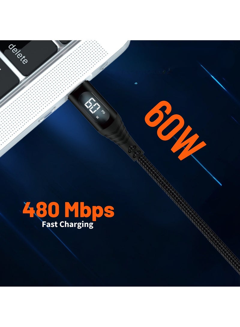 ثريككس كابل شحن سريع THRICEX® 60 وات USB C إلى USB C، سلك بيانات من النوع C مضفر من النايلون بطول 1.2 متر مع شاشة LED، PD 3.0 متوافق مع سلسلة iPhone 16/15، Samsung Galaxy S24 - Image 2