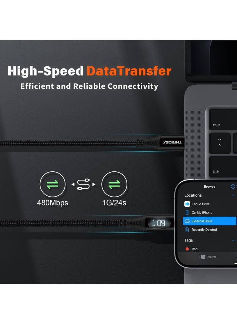 ثريككس كابل شحن سريع THRICEX® 60 وات USB C إلى USB C، سلك بيانات من النوع C مضفر من النايلون بطول 1.2 متر مع شاشة LED، PD 3.0 متوافق مع سلسلة iPhone 16/15، Samsung Galaxy S24 - Image 4
