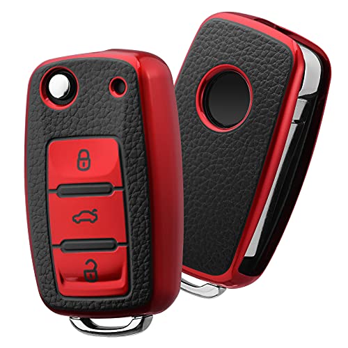 ELOHEI for VW Key Fob Cover, Premium Soft TPU 361 Degree Full Protection for VW Volkswagen Jetta Beetle Tiguan Passat Golf MK6 Polo 3 Buttons(Leather Red) - Image 1
