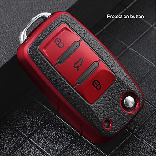 ELOHEI for VW Key Fob Cover, Premium Soft TPU 361 Degree Full Protection for VW Volkswagen Jetta Beetle Tiguan Passat Golf MK6 Polo 3 Buttons(Leather Red) - Image 3