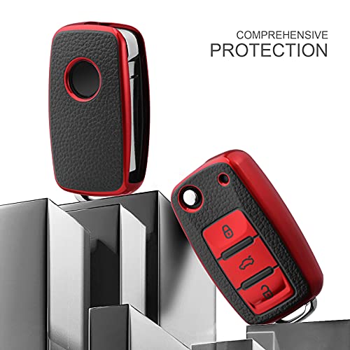 ELOHEI for VW Key Fob Cover, Premium Soft TPU 361 Degree Full Protection for VW Volkswagen Jetta Beetle Tiguan Passat Golf MK6 Polo 3 Buttons(Leather Red) - Image 2
