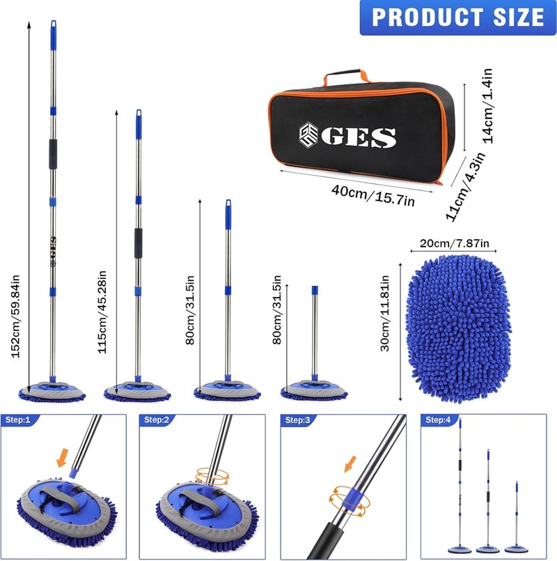 GES Car Wash Mop with Long Handle - 62 Inch Telescoping Brush & Microfiber Cleaning Kit - Image 3
