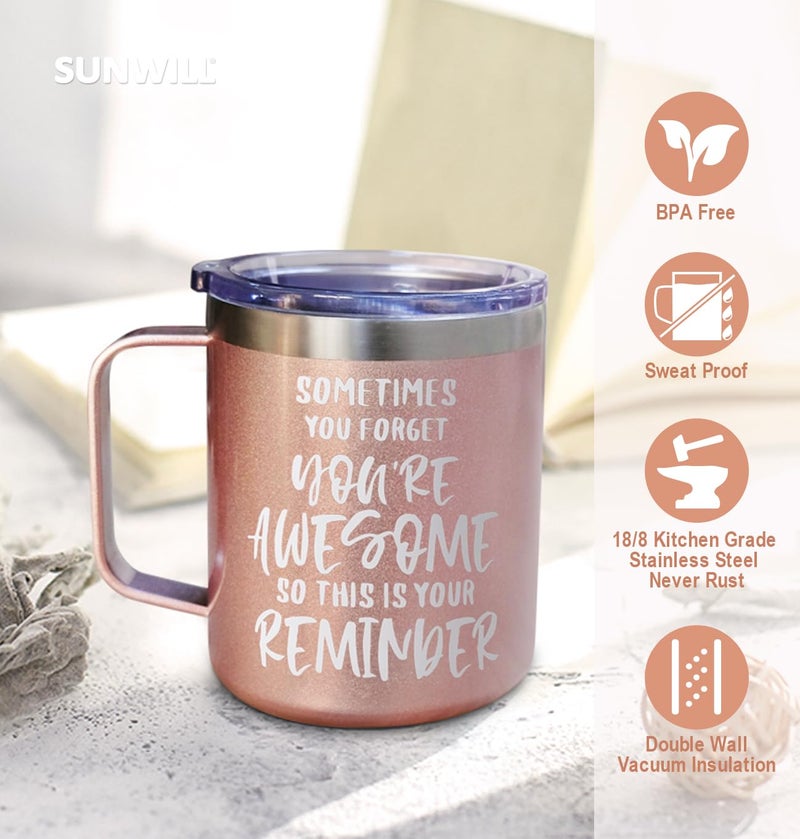 SUNWILL Insulated Coffee Mug with Lid, Birthday Gifts for Women, Stainless Steel Coffee Cup, Inspirational Sometimes You Forget You're Awesome Gifts for Mom, Best Friend, Her- 14oz Rose Gold - Image 3