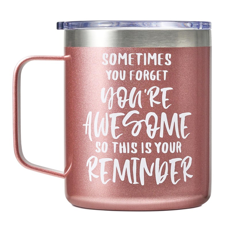 SUNWILL Insulated Coffee Mug with Lid, Birthday Gifts for Women, Stainless Steel Coffee Cup, Inspirational Sometimes You Forget You're Awesome Gifts for Mom, Best Friend, Her- 14oz Rose Gold - Image 1