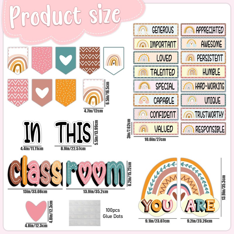 VABAMNA 32pcs Classroom Bulletin Board Decorations Set - Boho Rainbow Motivational Words Cutouts Bulletin Decorations for Teachers School Classroom Bulletin Board - Image 3