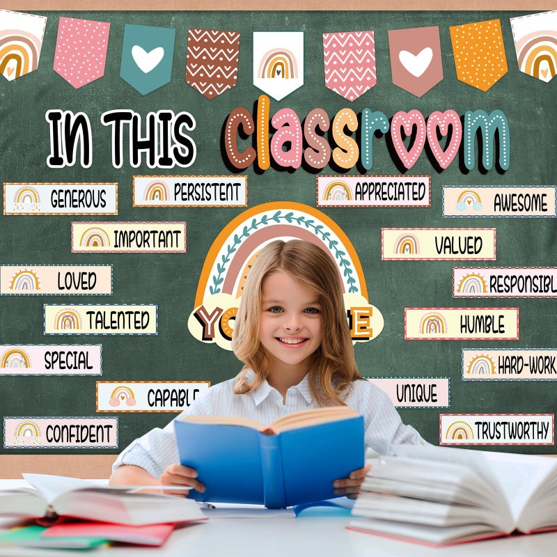 VABAMNA 32pcs Classroom Bulletin Board Decorations Set - Boho Rainbow Motivational Words Cutouts Bulletin Decorations for Teachers School Classroom Bulletin Board - Image 2