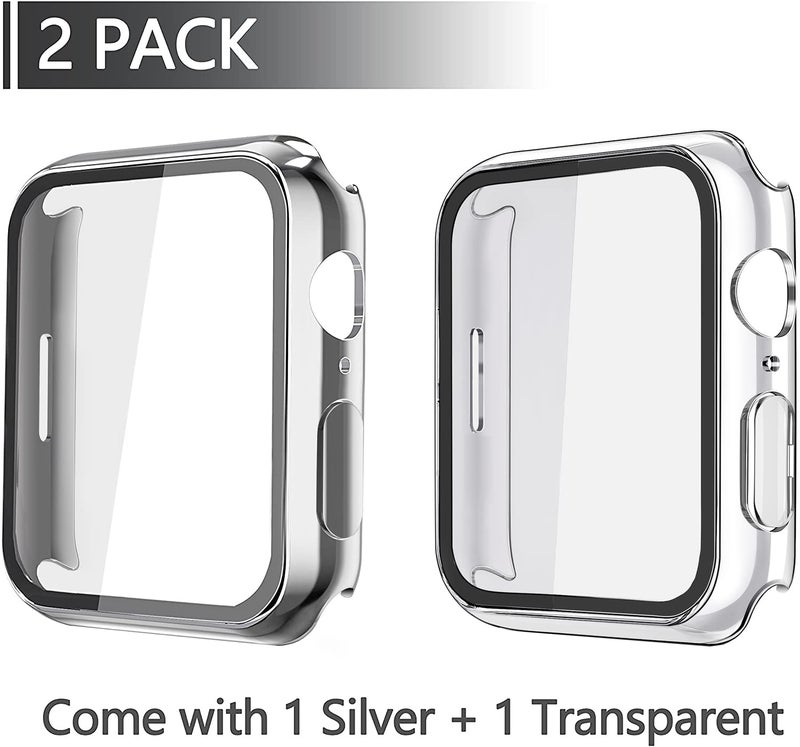 Misxi 2 Pack Hard PC Case with Tempered Glass Screen Protector Compatible with Apple Watch Series 9 (2023) Series 8 Series 7 41mm, Ultra-Thin Cover for iWatch S9/S8/S7, 1 Silver + 1 Transparent - Image 2