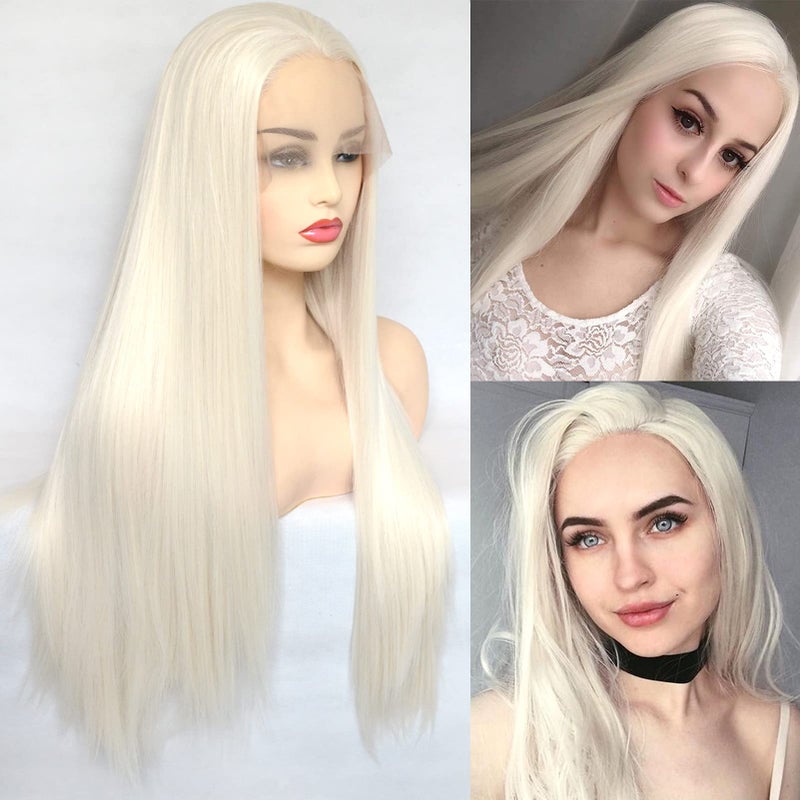 BLUPLE Long Straight 13x35 Lace Front Wigs 60 Platinum Blonde Natural Heat Resistant Synthetic Hair Half Hand Tied Wigs for Cosplay Daily Wear 22 inches StraightPlatinum Blonde